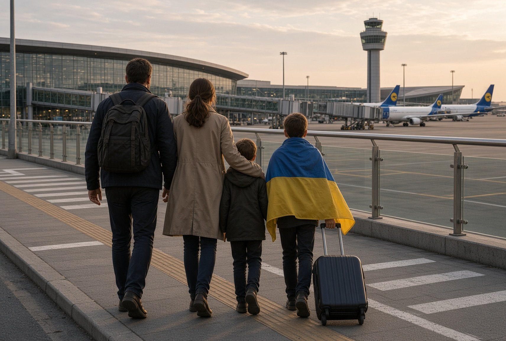 Семья с украинским флагом на пути за границу